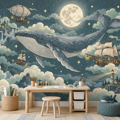 Flying Whale Wallpaper Mural In Teal Night Sky, Moonlit Fantasy