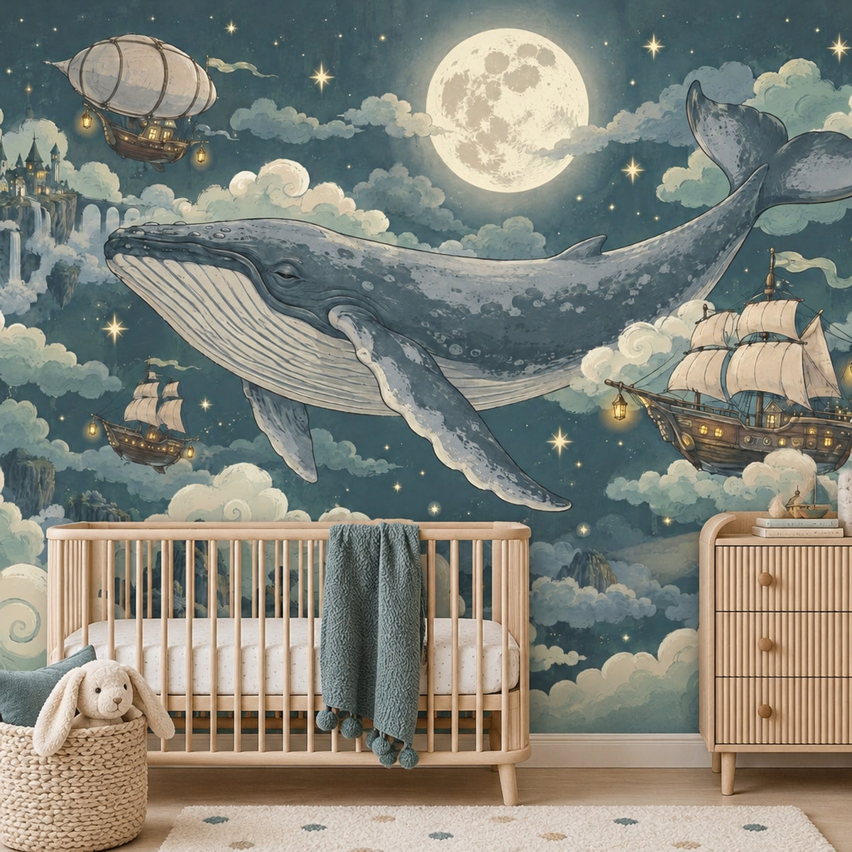 Flying Whale Wallpaper Mural In Teal Night Sky, Moonlit Fantasy