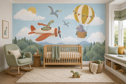 Dinosaur Airplane And Hot Air Balloon Wallpaper Mural Pastel Watercolor Sky