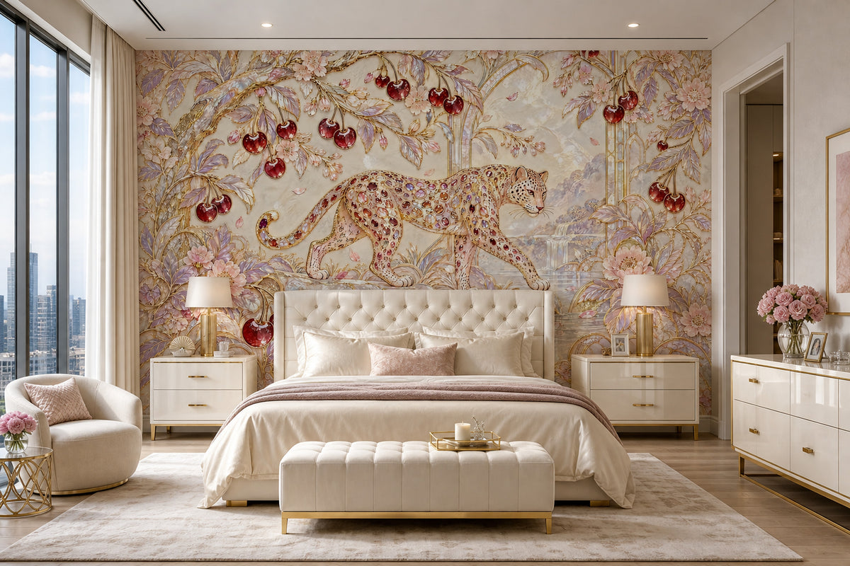 Jeweled Leopard Wallpaper Mural In Cream Gold Art Deco Style