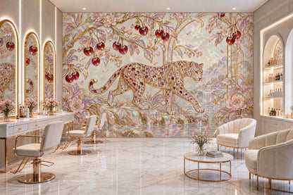 Jeweled Leopard Wallpaper Mural In Cream Gold Art Deco Style