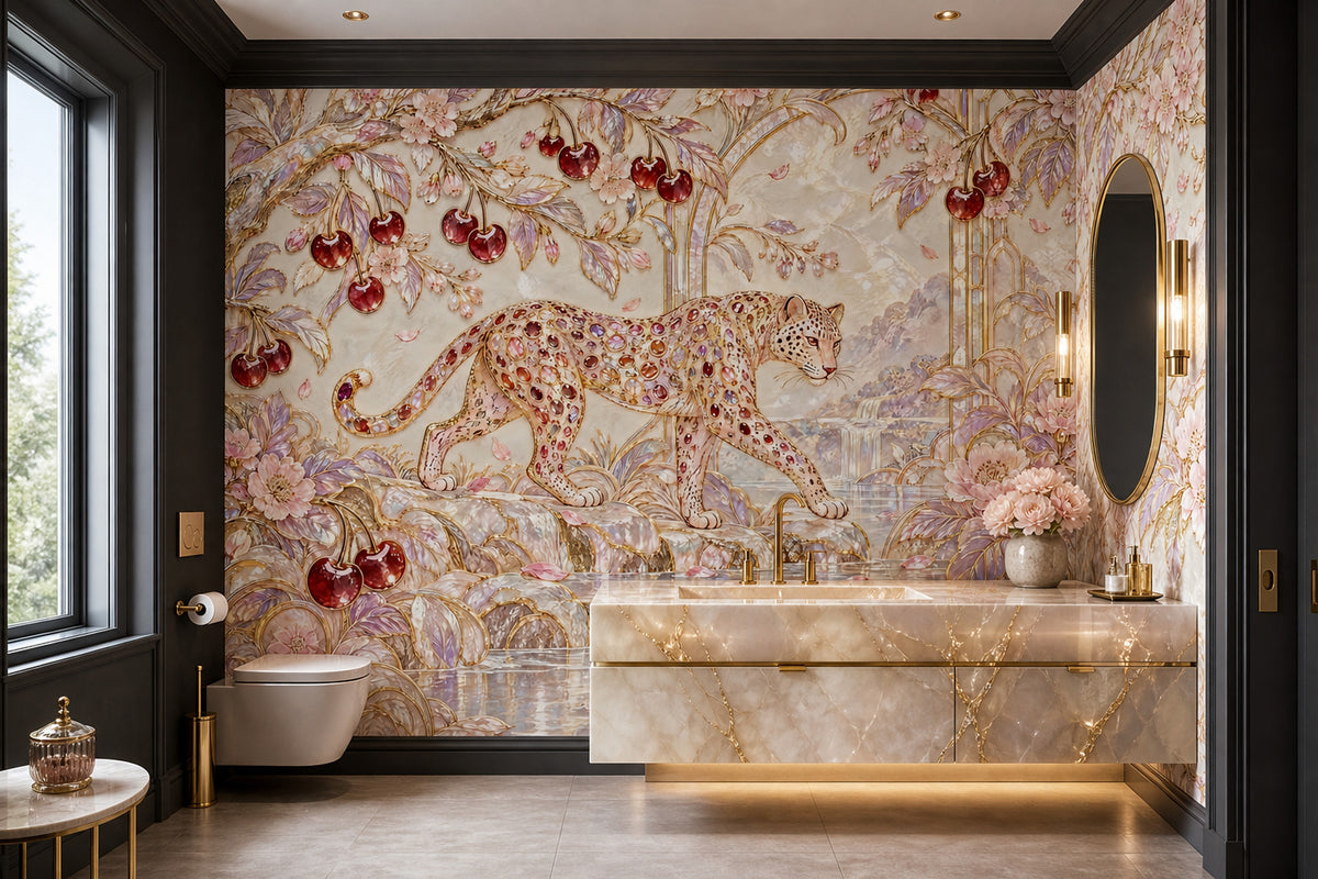 Jeweled Leopard Wallpaper Mural In Cream Gold Art Deco Style