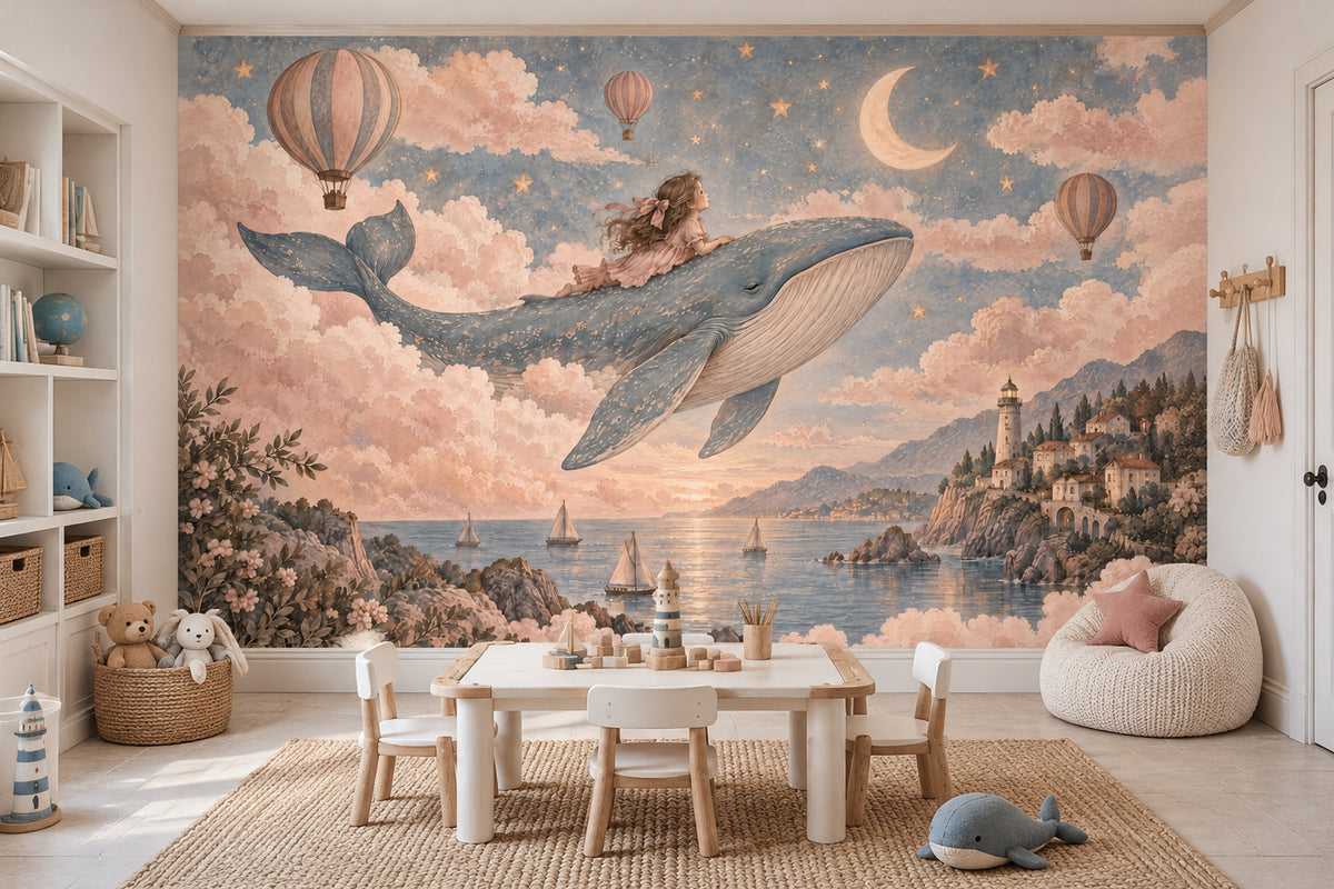Flying Whale And Girl Wallpaper Mural Pastel Watercolor Fantasy