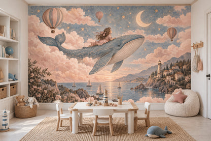 Flying Whale And Girl Wallpaper Mural Pastel Watercolor Fantasy
