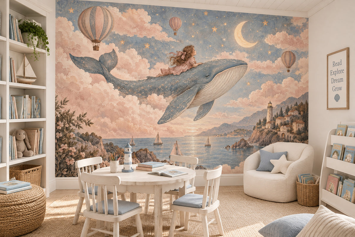 Flying Whale And Girl Wallpaper Mural Pastel Watercolor Fantasy