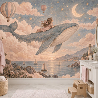 Flying Whale And Girl Wallpaper Mural Pastel Watercolor Fantasy