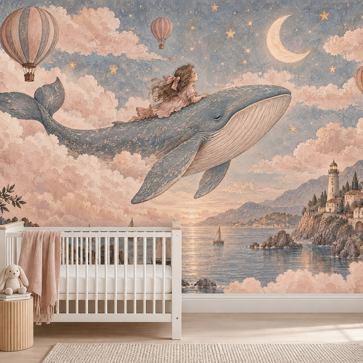 Flying Whale And Girl Wallpaper Mural Pastel Watercolor Fantasy