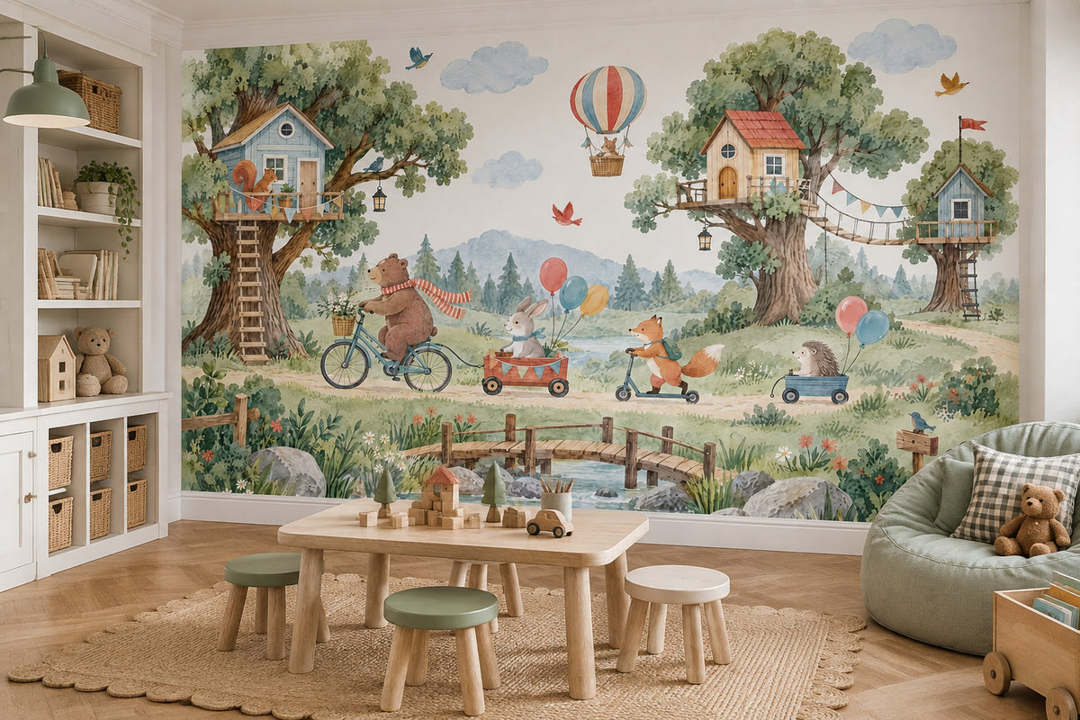 Woodland Treehouse Animals Wallpaper Mural Watercolor Pastels, Hot Air Balloon