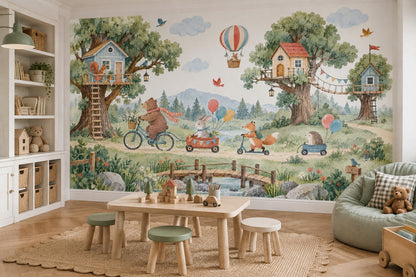 Woodland Treehouse Animals Wallpaper Mural Watercolor Pastels, Hot Air Balloon