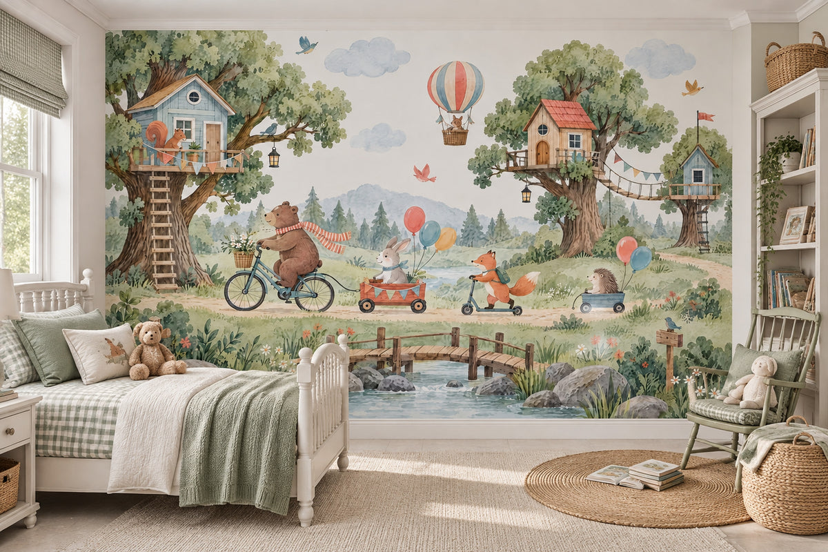 Woodland Treehouse Animals Wallpaper Mural Watercolor Pastels, Hot Air Balloon