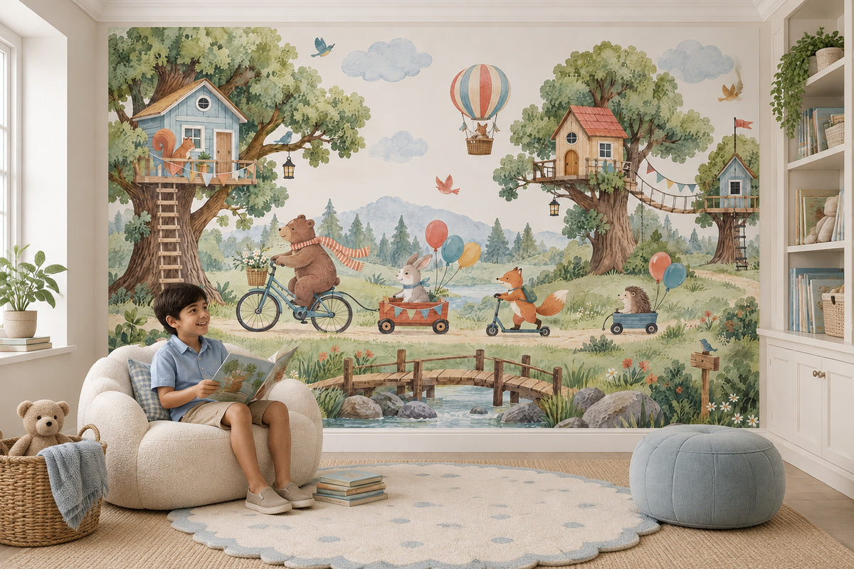 Woodland Treehouse Animals Wallpaper Mural Watercolor Pastels, Hot Air Balloon