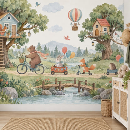Woodland Treehouse Animals Wallpaper Mural Watercolor Pastels, Hot Air Balloon