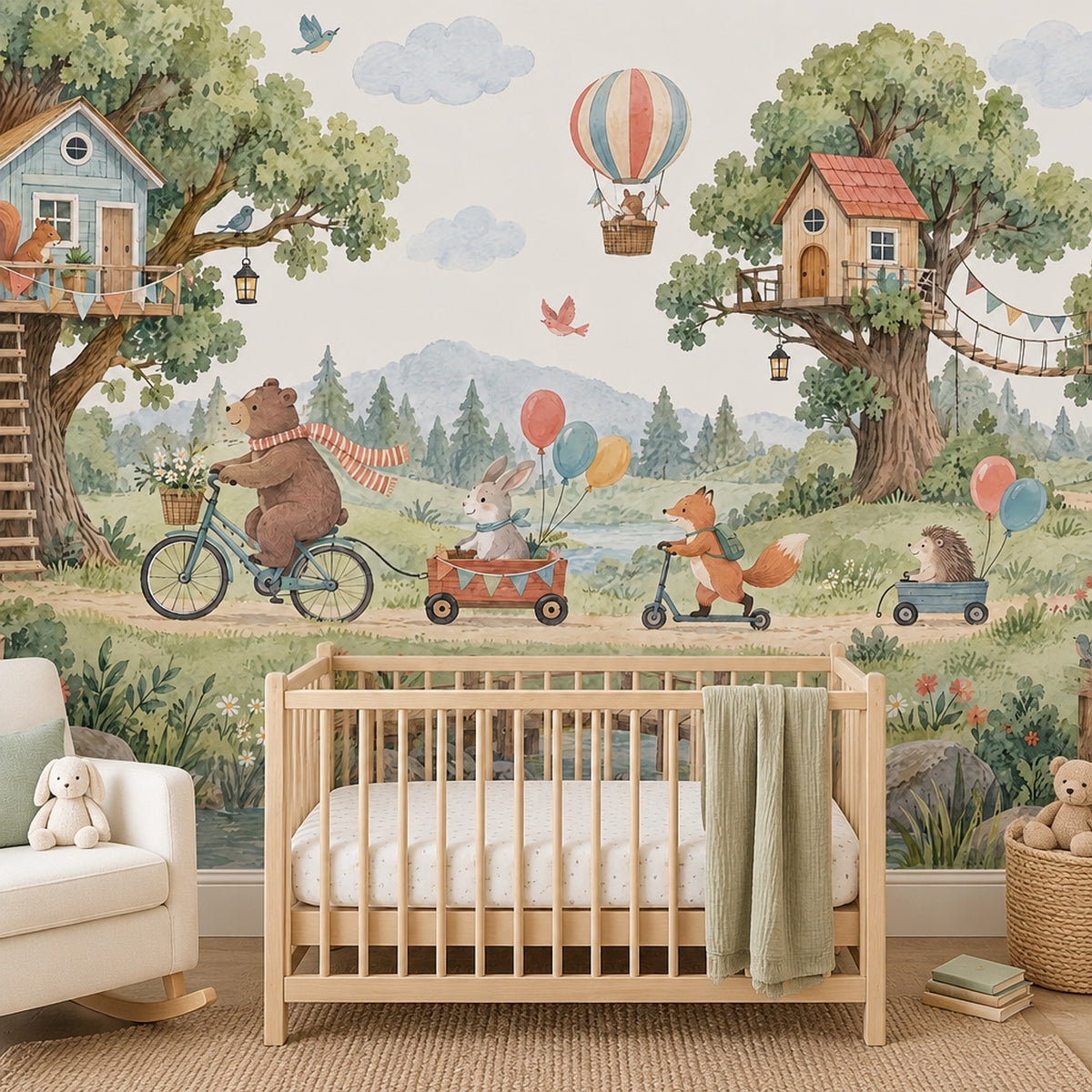 Woodland Treehouse Animals Wallpaper Mural Watercolor Pastels, Hot Air Balloon