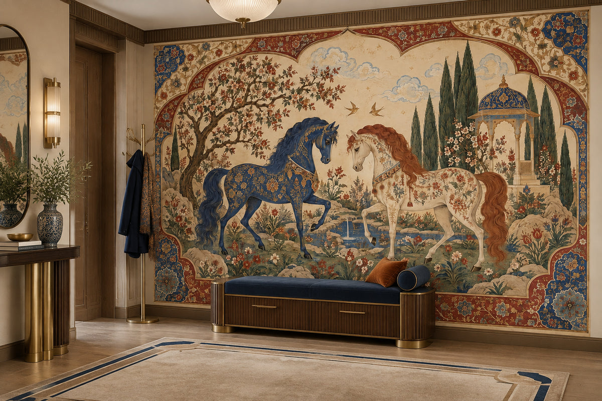 Ornate Horses In A Persian Garden Wallpaper Mural, Navy And Burgundy Vintage Inspired Manuscript Style