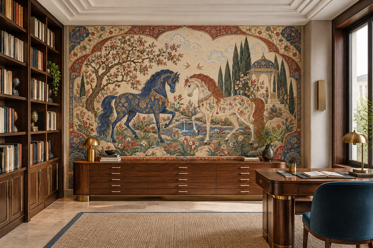 Ornate Horses In A Persian Garden Wallpaper Mural, Navy And Burgundy Vintage Inspired Manuscript Style