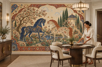 Ornate Horses In A Persian Garden Wallpaper Mural, Navy And Burgundy Vintage Inspired Manuscript Style
