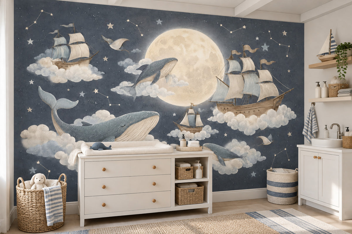 Moonlit Flying Whales And Sailing Ships Wallpaper Mural Watercolor Night Sky