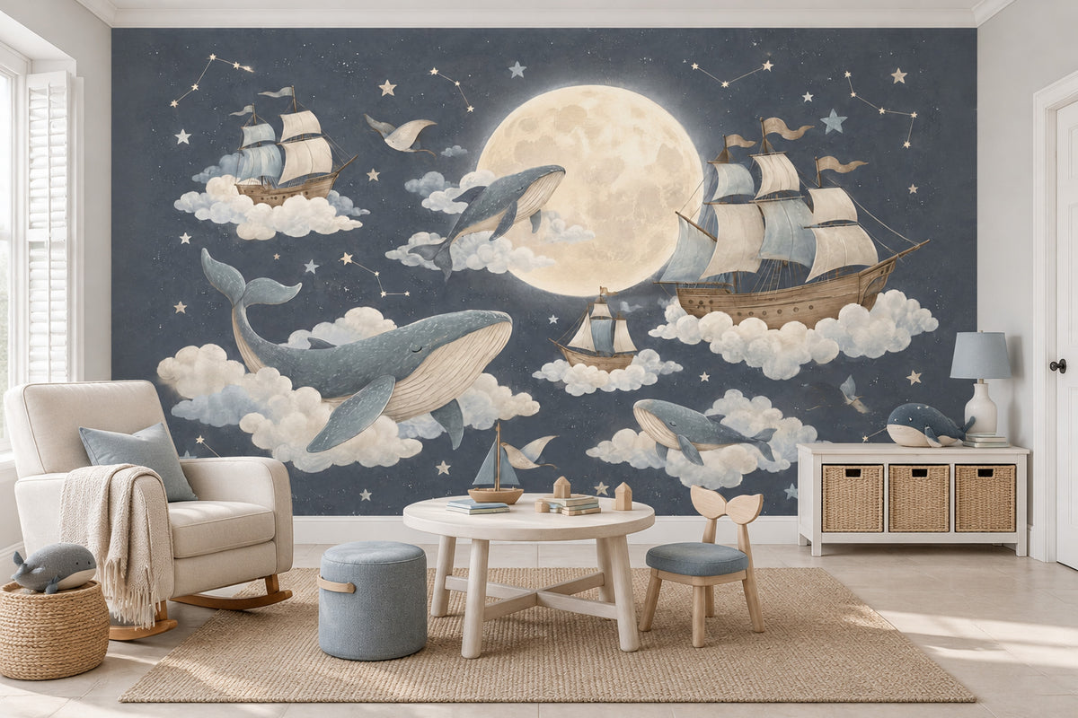 Moonlit Flying Whales And Sailing Ships Wallpaper Mural Watercolor Night Sky