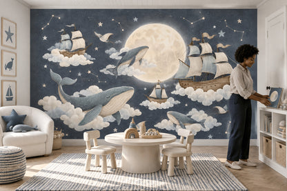 Moonlit Flying Whales And Sailing Ships Wallpaper Mural Watercolor Night Sky