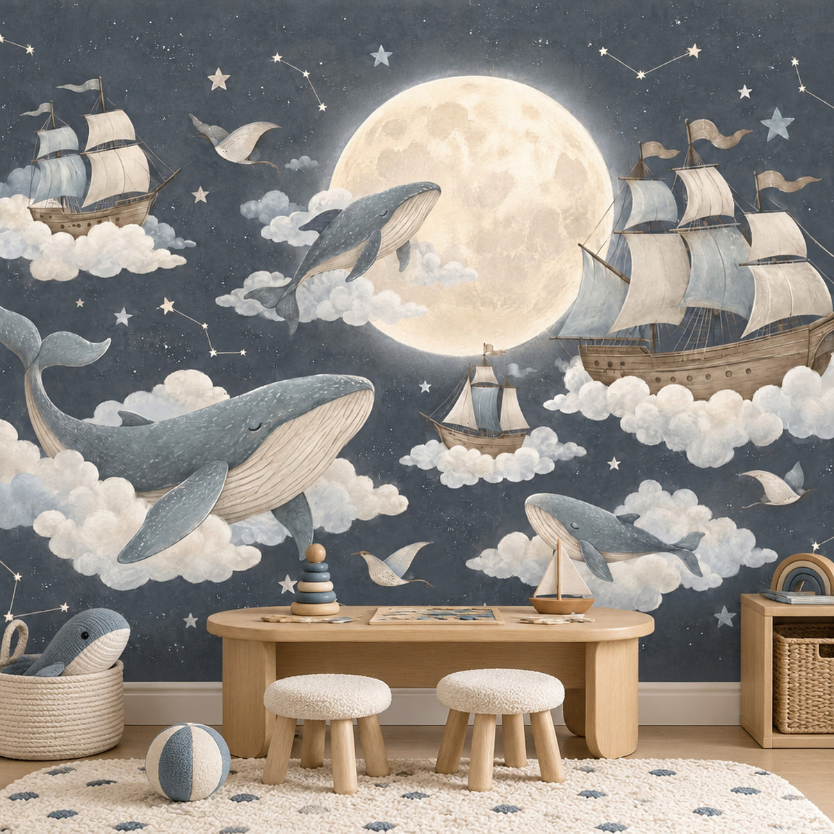 Moonlit Flying Whales And Sailing Ships Wallpaper Mural Watercolor Night Sky
