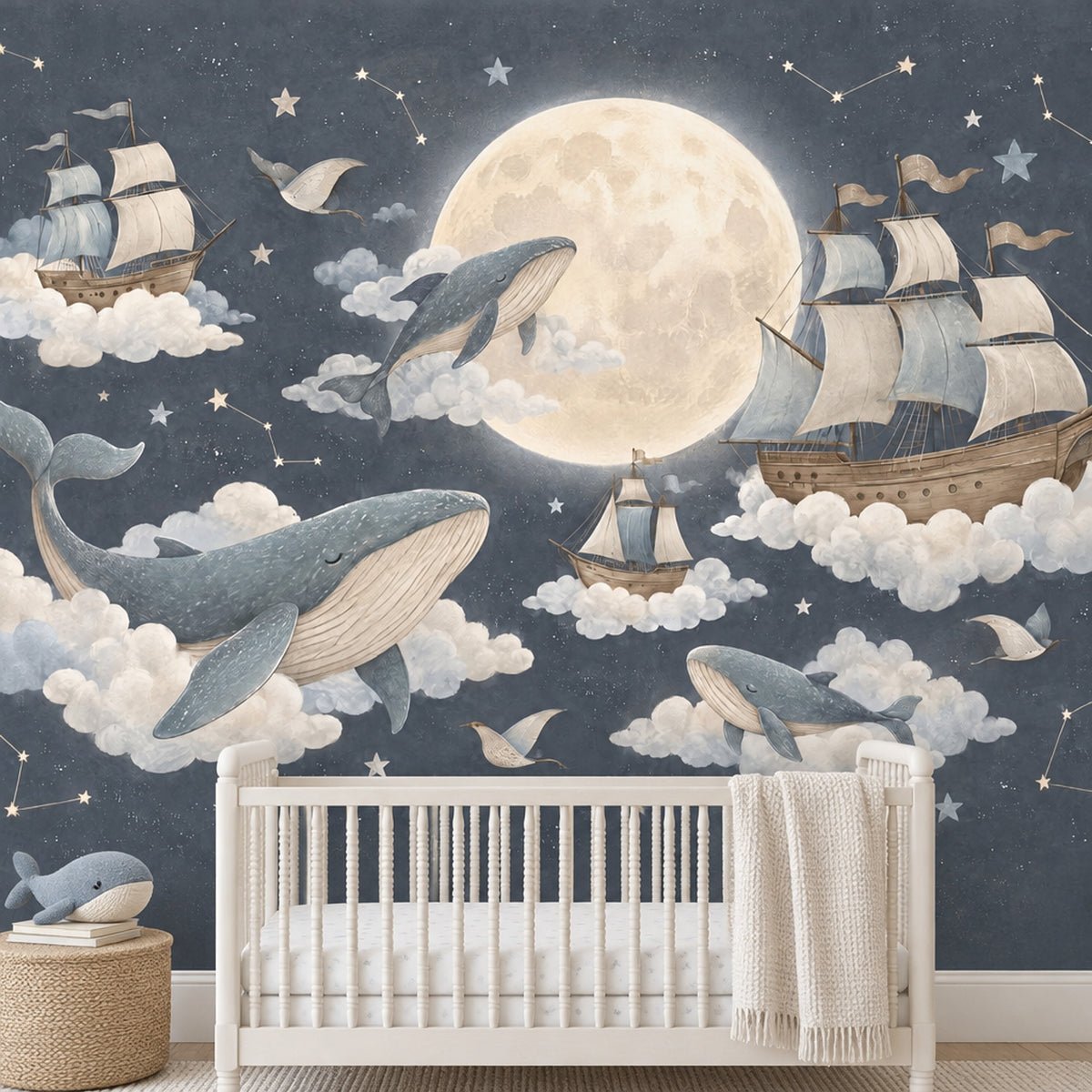 Moonlit Flying Whales And Sailing Ships Wallpaper Mural Watercolor Night Sky