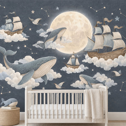 Moonlit Flying Whales And Sailing Ships Wallpaper Mural Watercolor Night Sky