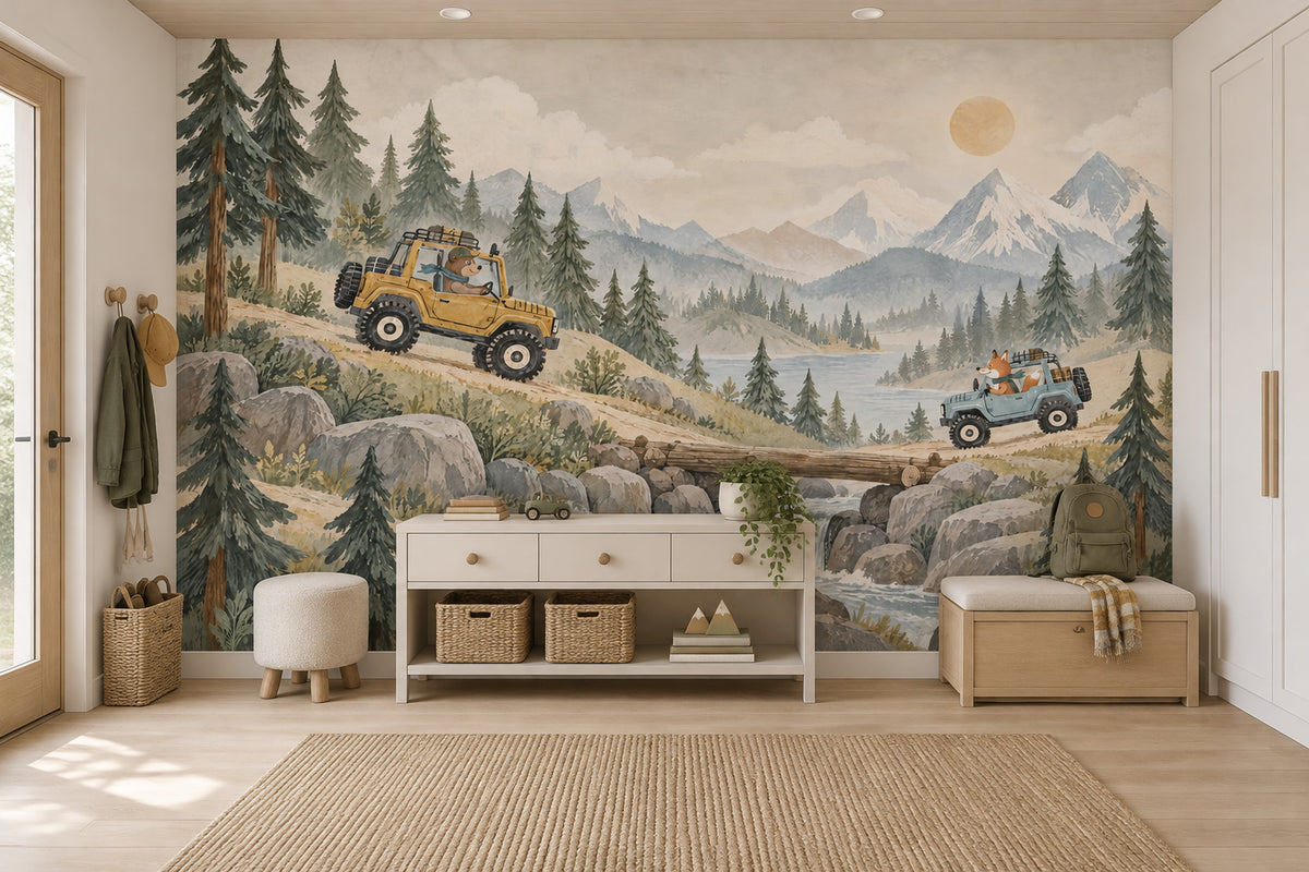 Bear And Fox Off Road Adventure Wallpaper Mural Watercolor Landscape