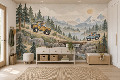 Bear And Fox Off Road Adventure Wallpaper Mural Watercolor Landscape