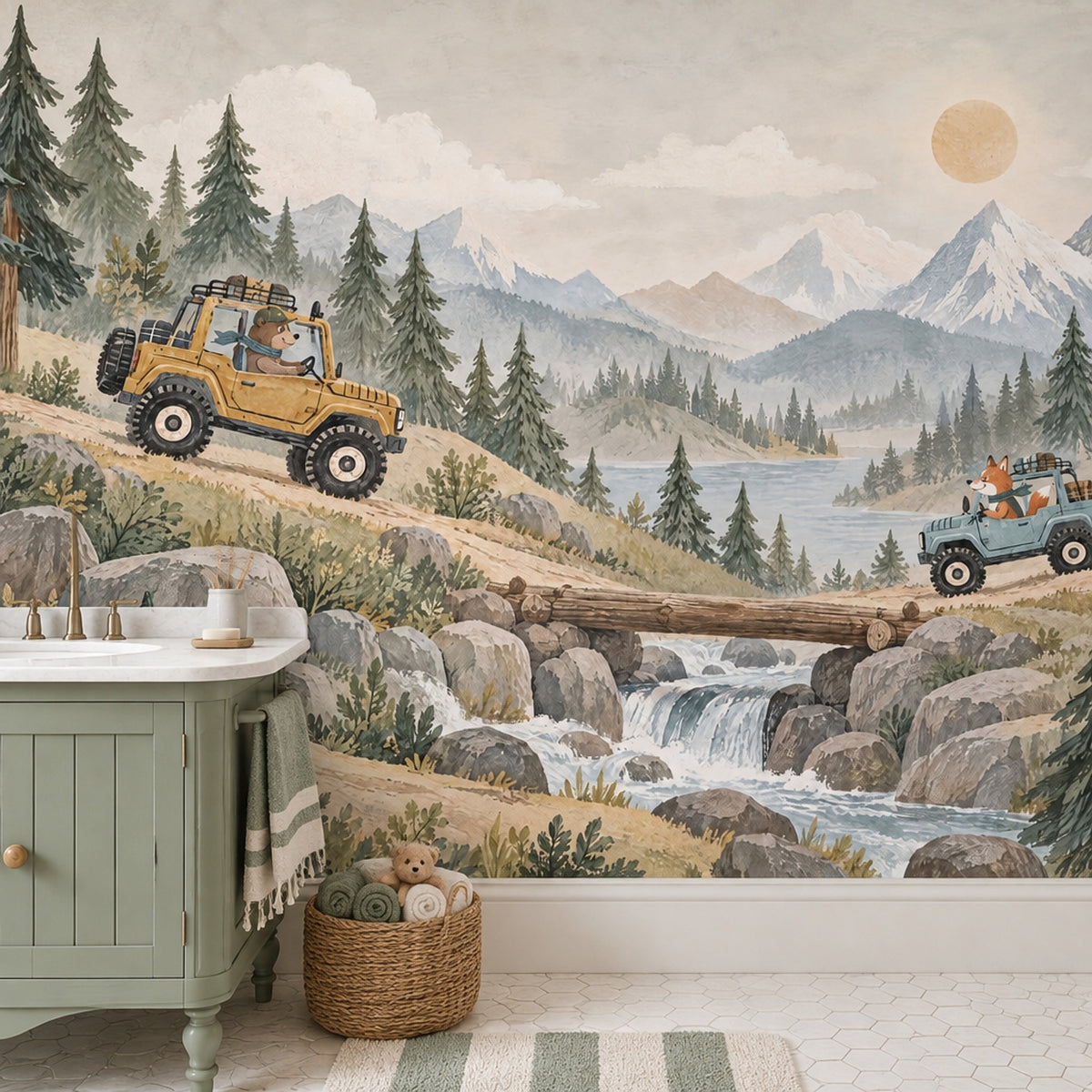 Bear And Fox Off Road Adventure Wallpaper Mural Watercolor Landscape