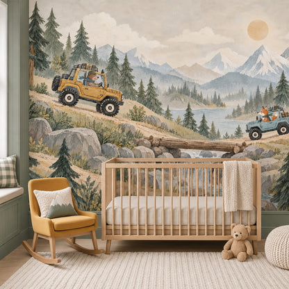 Bear And Fox Off Road Adventure Wallpaper Mural Watercolor Landscape