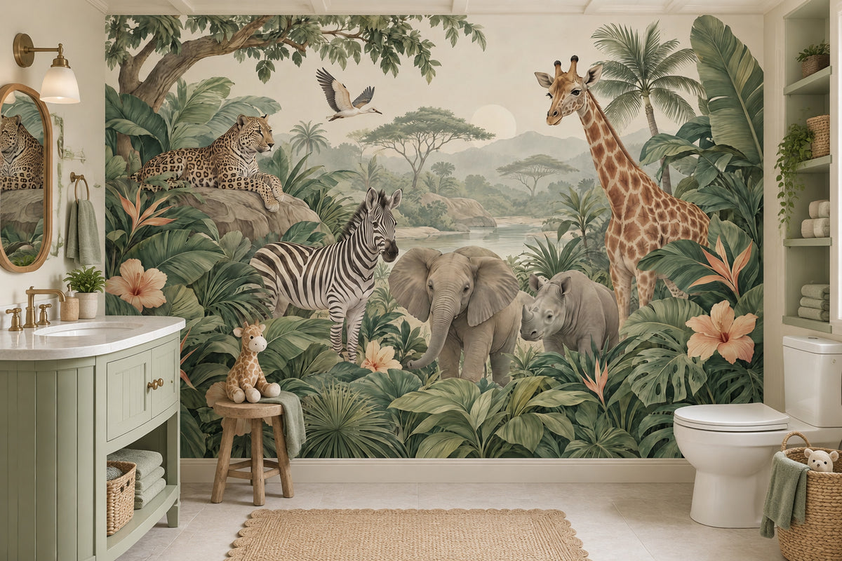 Tropical Safari Animals Wallpaper Mural Vintage Inspired Botanical Green Landscape