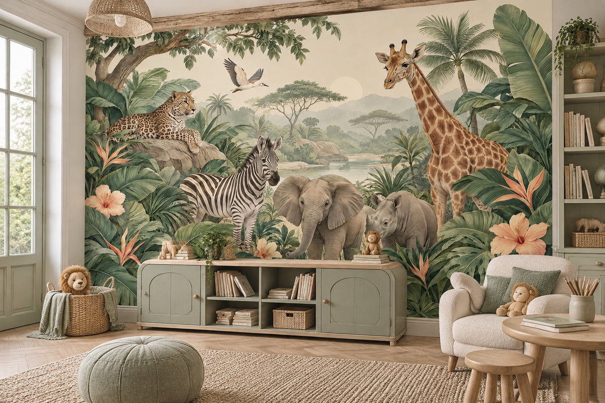 Tropical Safari Animals Wallpaper Mural Vintage Inspired Botanical Green Landscape