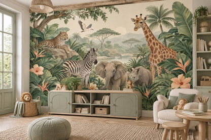 Tropical Safari Animals Wallpaper Mural Vintage Inspired Botanical Green Landscape