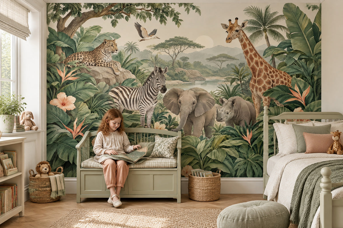 Tropical Safari Animals Wallpaper Mural Vintage Inspired Botanical Green Landscape