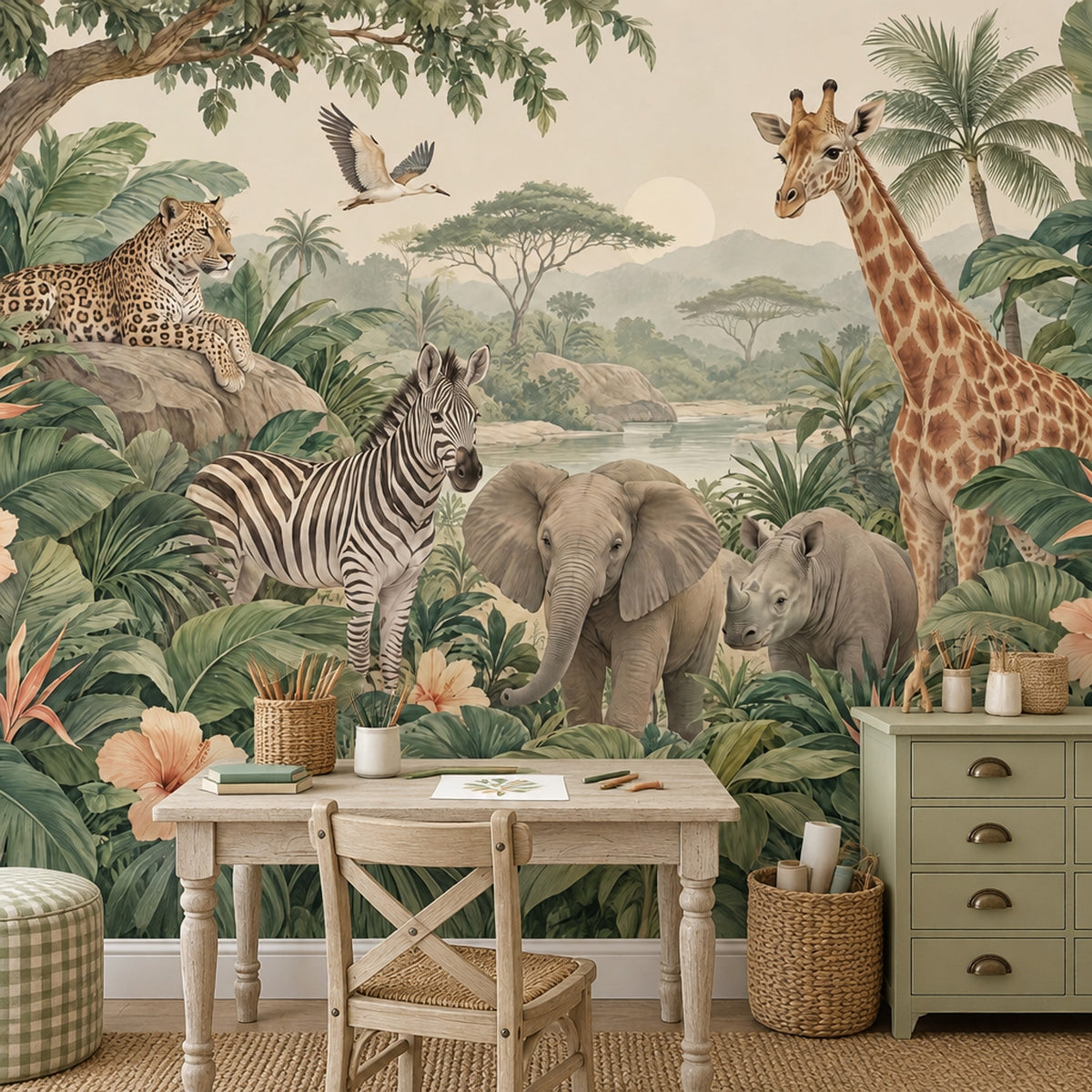 Tropical Safari Animals Wallpaper Mural Vintage Inspired Botanical Green Landscape