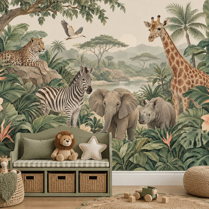Tropical Safari Animals Wallpaper Mural Vintage Inspired Botanical Green Landscape