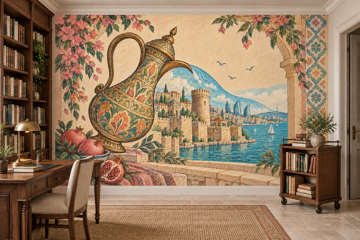 Ornate Ewer And Pomegranates Wallpaper Mural, Vintage Inspired Coastal Cityscape