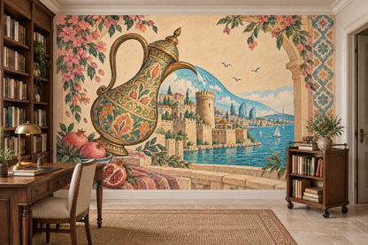 Ornate Ewer And Pomegranates Wallpaper Mural, Vintage Inspired Coastal Cityscape