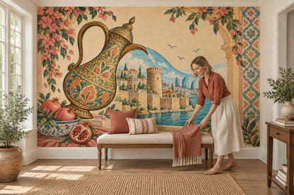 Ornate Ewer And Pomegranates Wallpaper Mural, Vintage Inspired Coastal Cityscape