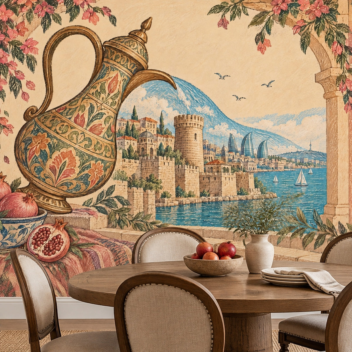 Ornate Ewer And Pomegranates Wallpaper Mural, Vintage Inspired Coastal Cityscape