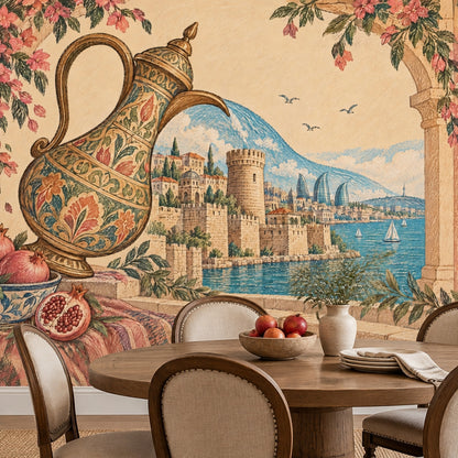 Ornate Ewer And Pomegranates Wallpaper Mural, Vintage Inspired Coastal Cityscape