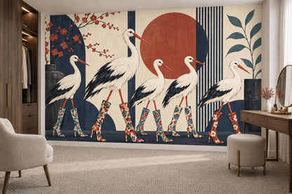 Storks In Floral Boots Wallpaper Mural, Japanese Inspired Navy And Terracotta