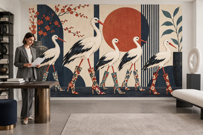 Storks In Floral Boots Wallpaper Mural, Japanese Inspired Navy And Terracotta