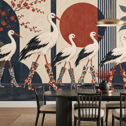 Storks In Floral Boots Wallpaper Mural, Japanese Inspired Navy And Terracotta