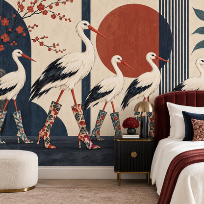 Storks In Floral Boots Wallpaper Mural, Japanese Inspired Navy And Terracotta