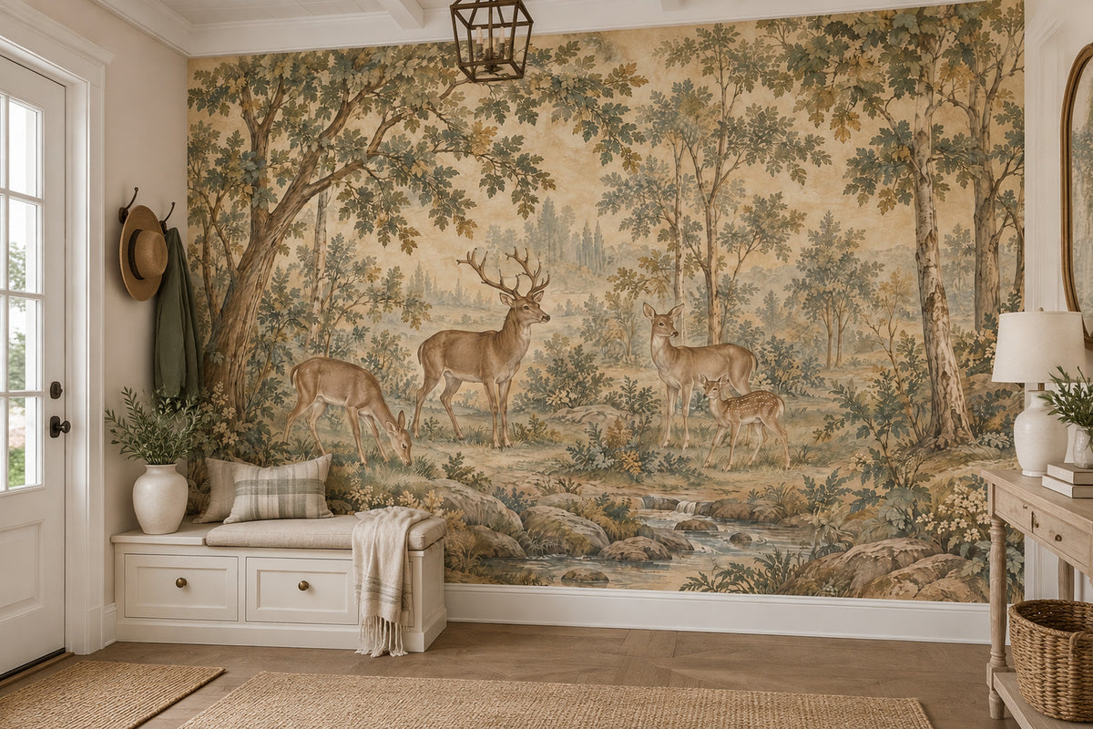 Deer Family Forest Wallpaper Mural Beige Vintage Inspired Pastoral