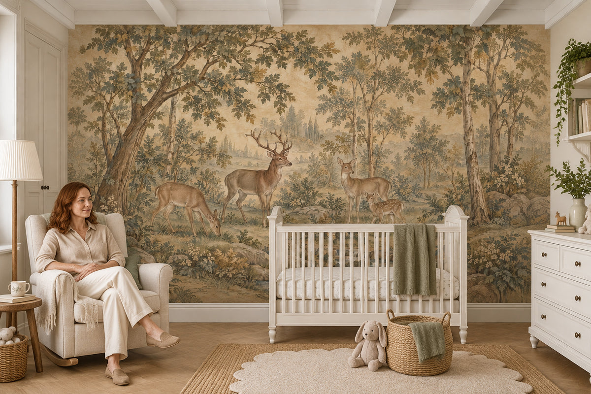 Deer Family Forest Wallpaper Mural Beige Vintage Inspired Pastoral