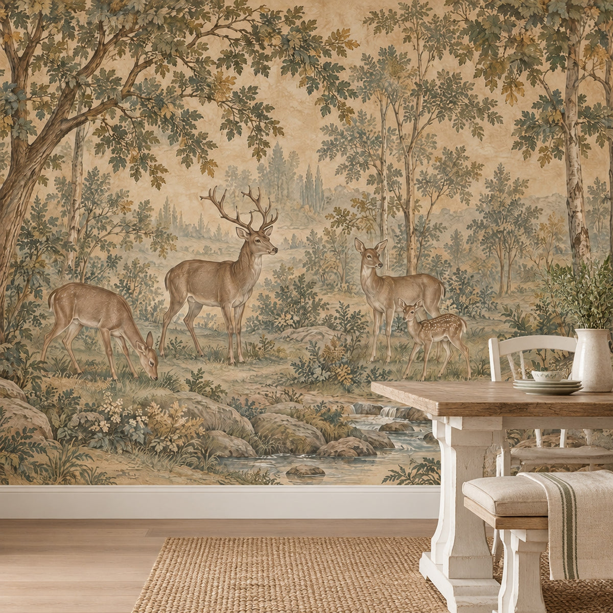 Deer Family Forest Wallpaper Mural Beige Vintage Inspired Pastoral
