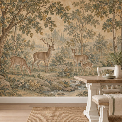 Deer Family Forest Wallpaper Mural Beige Vintage Inspired Pastoral