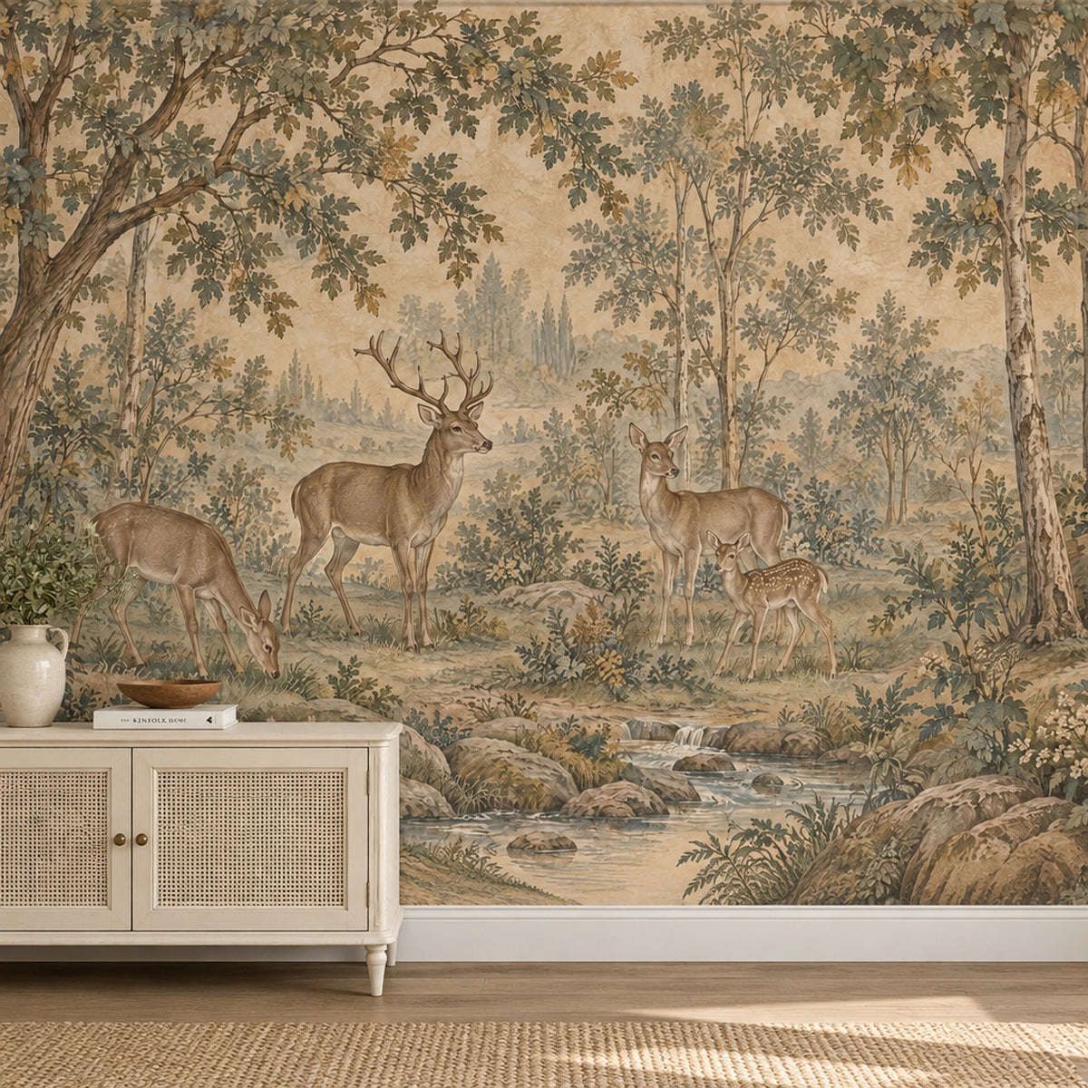 Deer Family Forest Wallpaper Mural Beige Vintage Inspired Pastoral